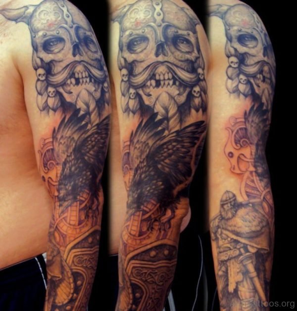 Skull Bird And Viking Warrior Tattoo