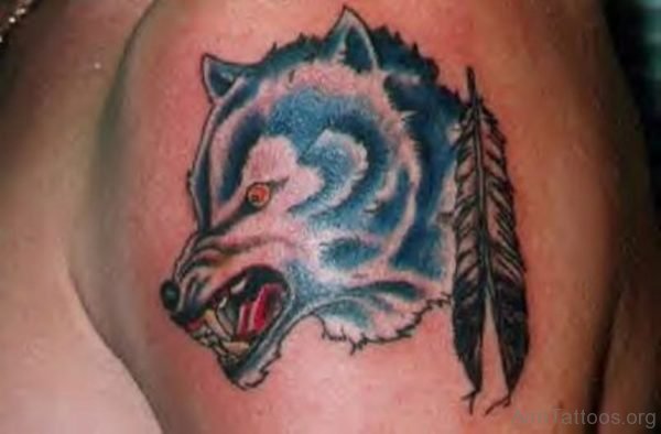 Small Feather And Wolf Tattoo