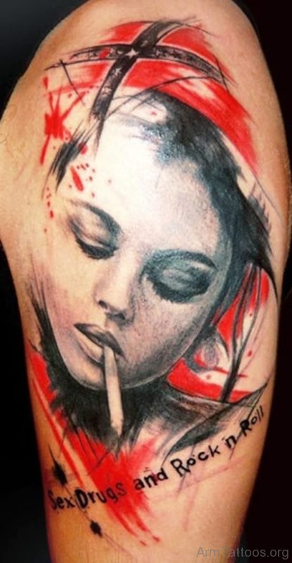 Smoking Girl Tattoo On Arm 