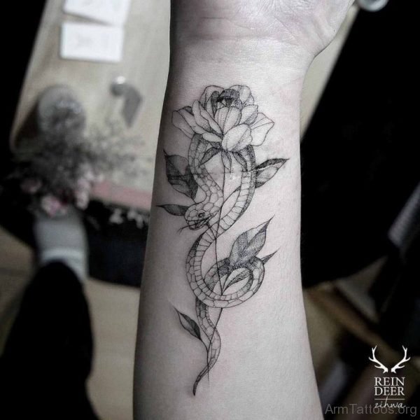 Snake And Rose Tattoo On Wrist 