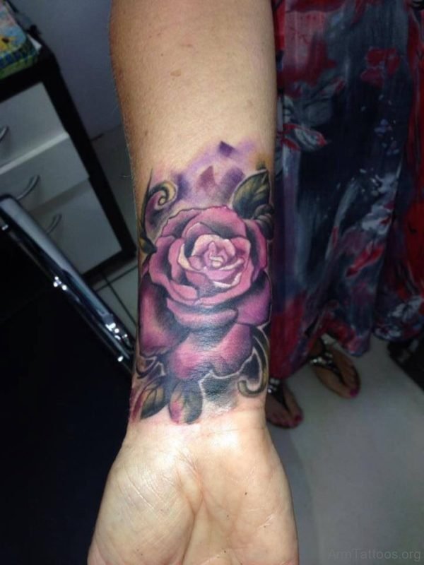 Stunning Purple Rose Tattoo On Wrist 