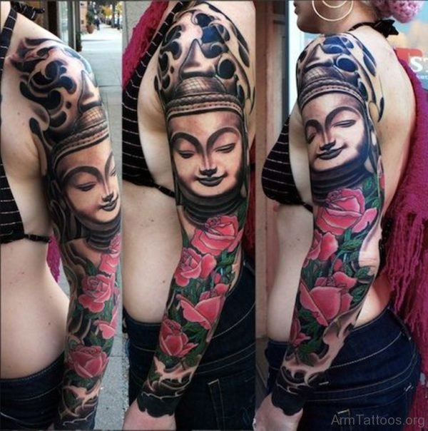 Stylish Buddha Tattoo On Full SLeeve