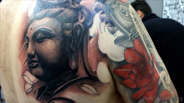 Stylish Buddhist Tattoos Design On Upper Back Shoulder