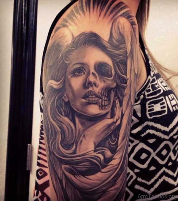 Sugar Skull Girl Portrait Tattoo On Half Sleeve 