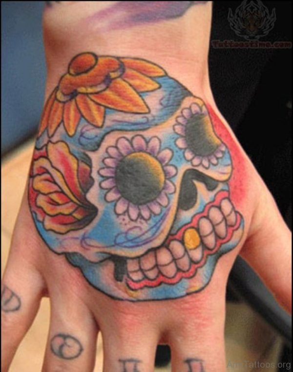 Sugar Skull Tattoo On Back Hand