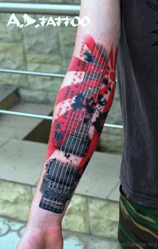 Superb Red Guitar Tattoo On Arm 