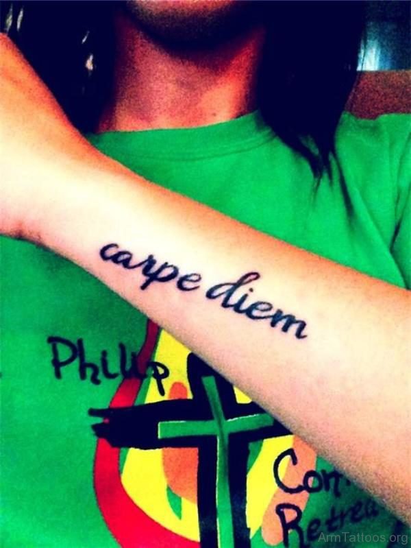 Sweet Carpe Diem Tattoo On Arm 