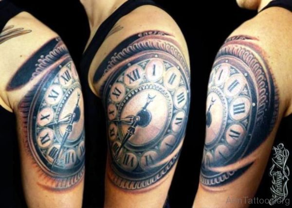 Sweet Large Clock Tattoo Design On Arm 