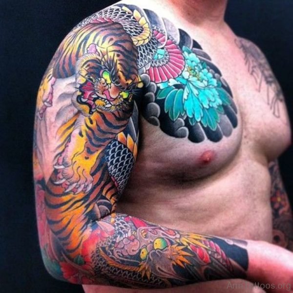 Tiger and Dragon Full Arm Sleeve Tattoo