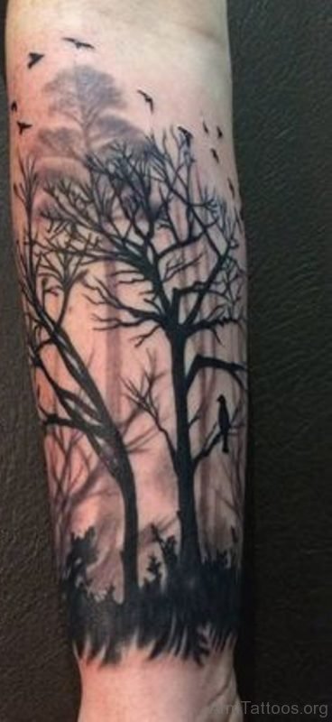 Tiny Birds And Pine Tree Tattoo On Arm