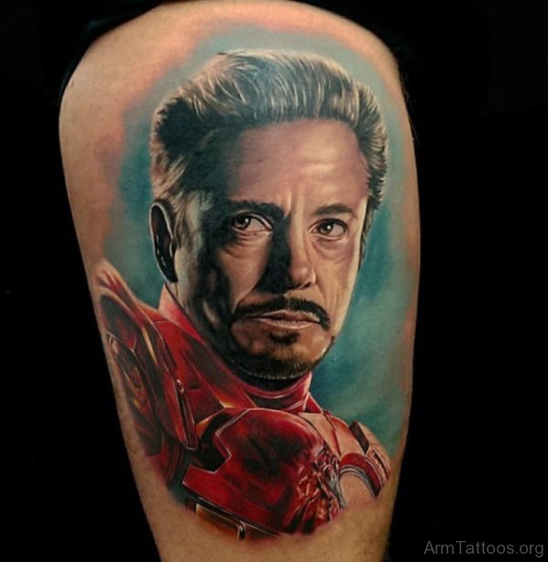 Tony Stark Portrait Tattoo On Arm 
