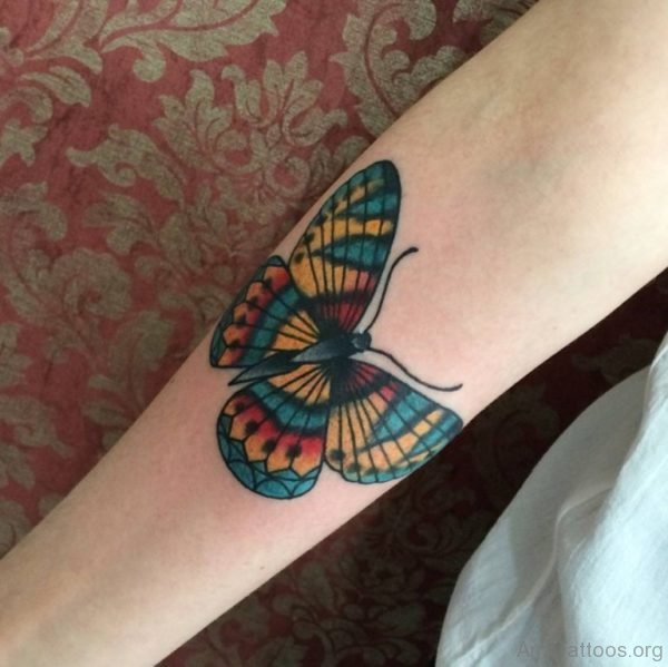 Traditional Colorful Butterfly Tattoo On Arm Sleeve For Girls