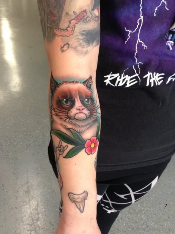 Traditional Flower And Grumpy Cat Tattoo On Arm Sleeve