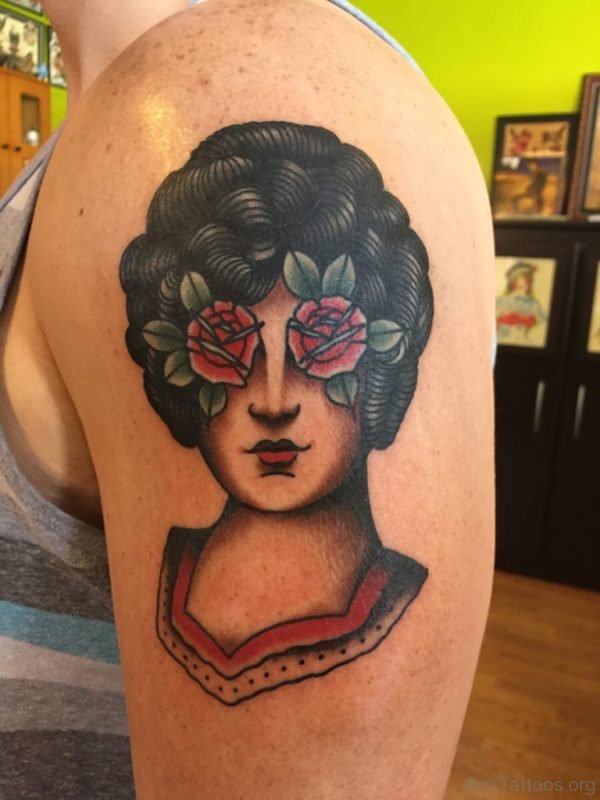 Traditional Girl Portrait Tattoo On Arm 