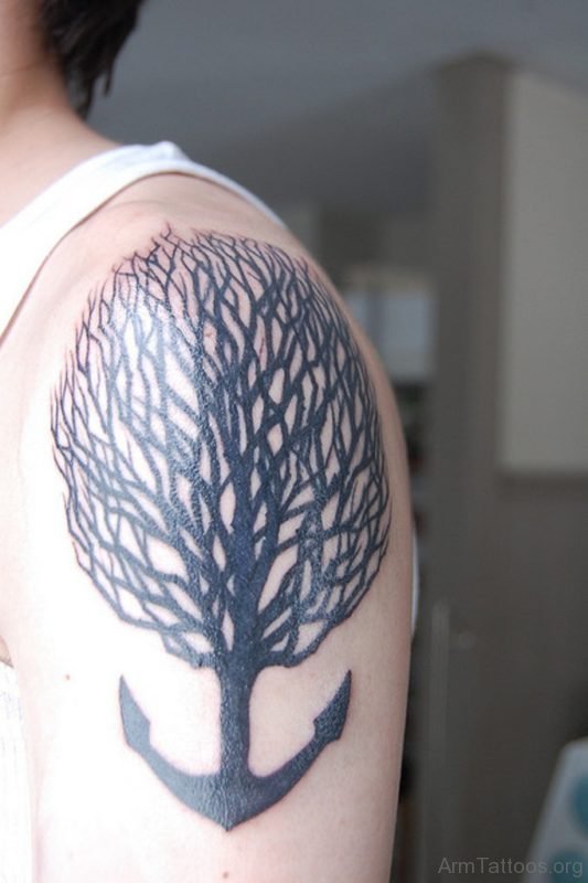 Tree Anchor Tattoo On Shoulder
