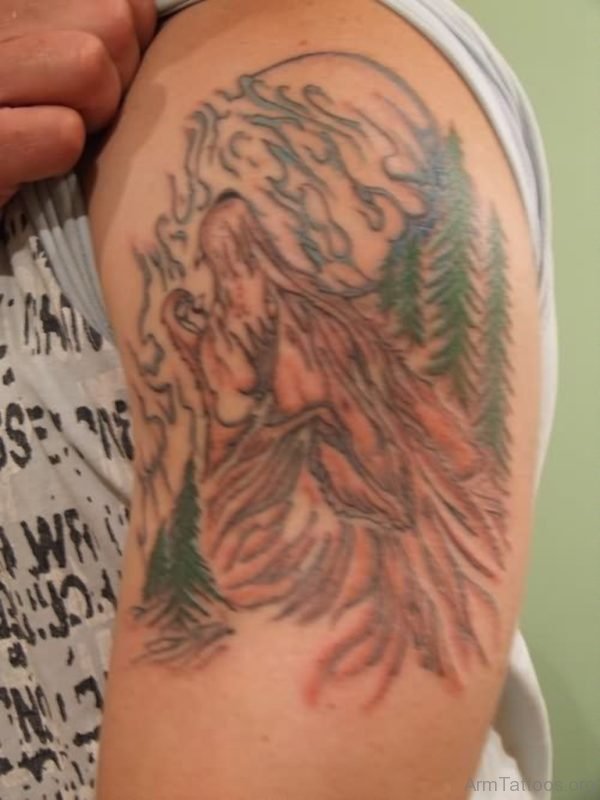 Trees And Wolf Tattoo On Shoulder