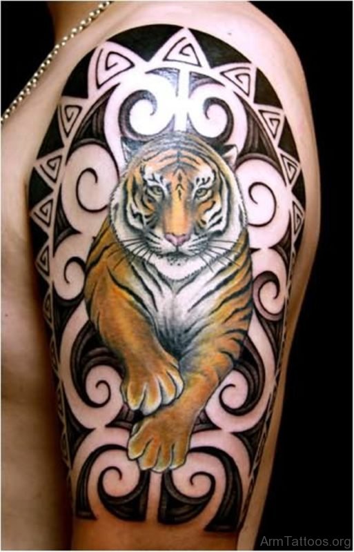 Tribal And Black Tiger Tattoo Design