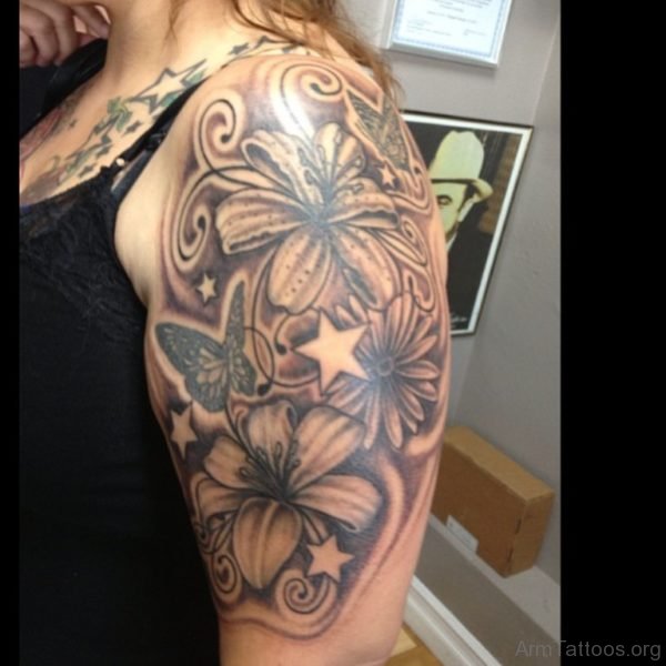 Upper Arm Lilies n Stars Tattoo Design