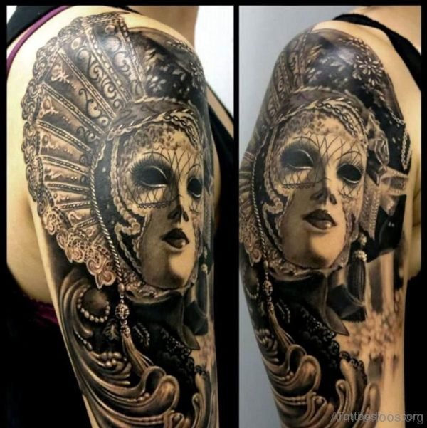 Venetian Mask Tattoo Design On Arm 
