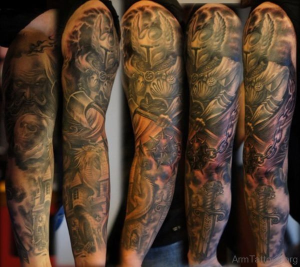 Warrior And Violence Tattoo On Full Sleeve