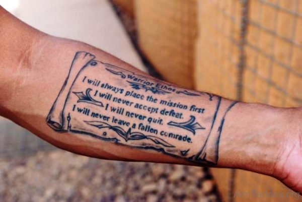 Warrior Lettering Scroll Tattoo On Arm 