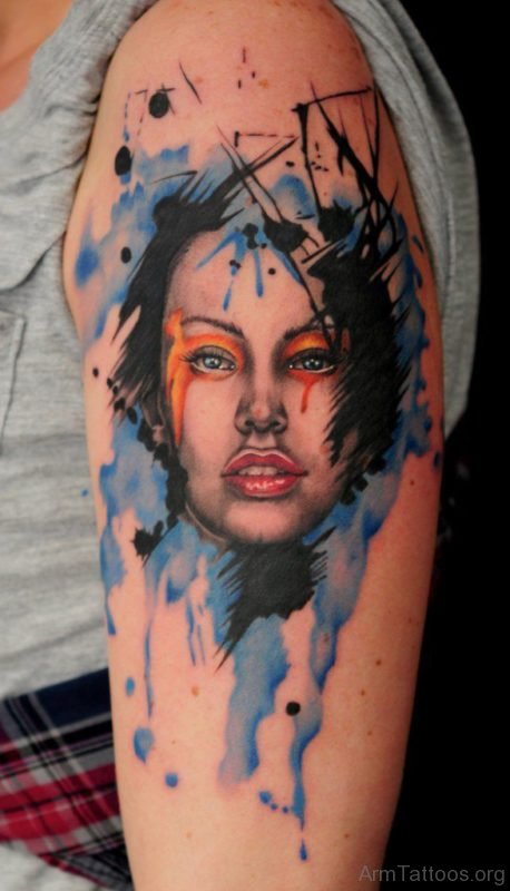 Watercolor Girl Portrait Tattoo On Arm 