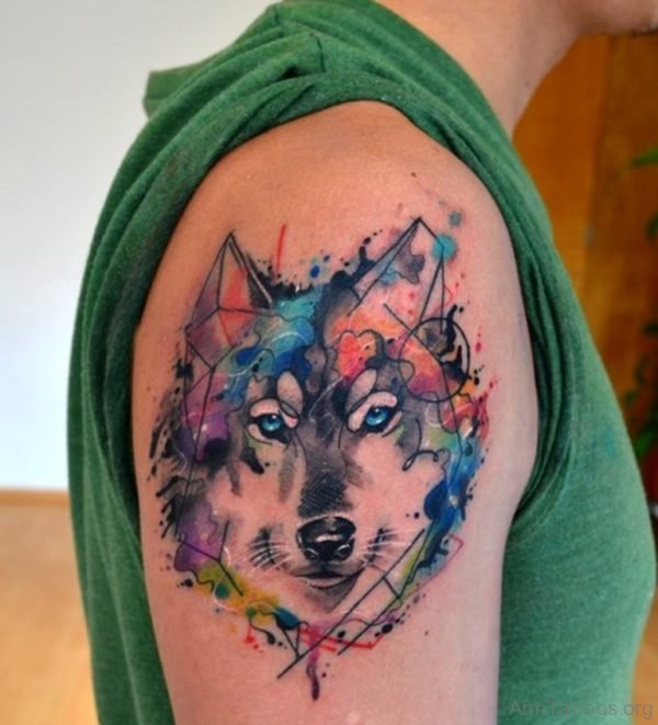 Watercolor Wolf Tattoo On Shoulder