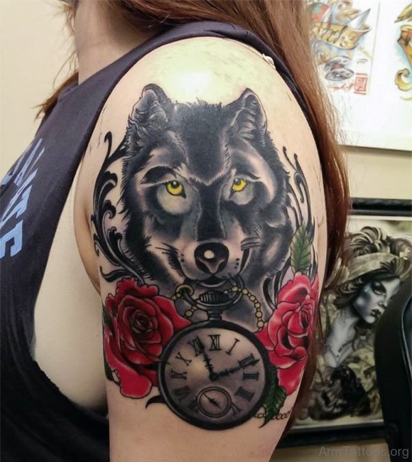 Wolf And Clock Tattoo Design 