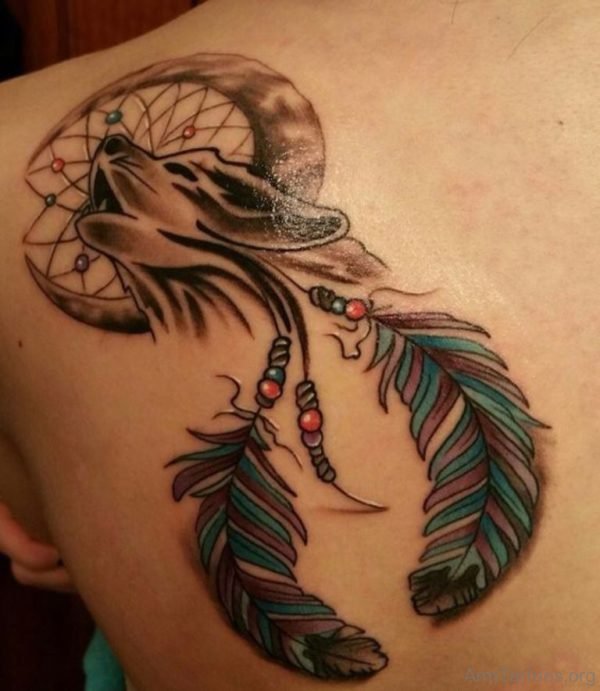 Wolf And Dreamcatcher Tattoo On Upper Back Shoulder