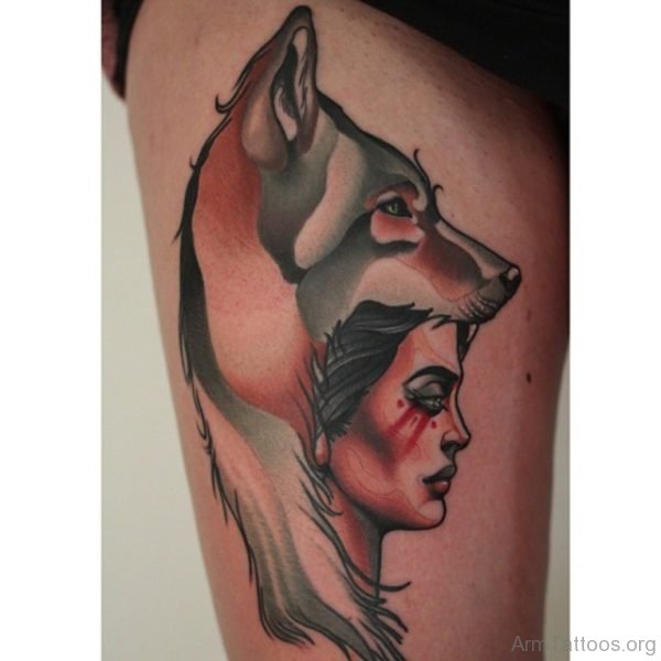 Wolf And Girl Portrait Tattoo  On Arm 