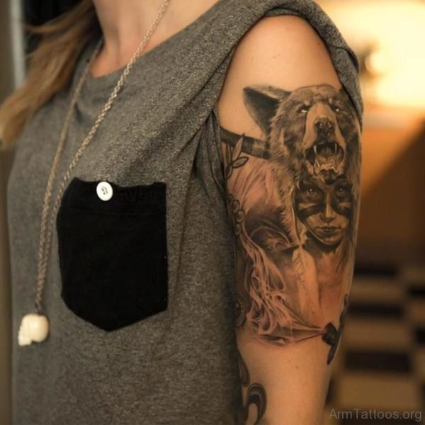 Wolf And Portrait Girl Tattoo On Arm 