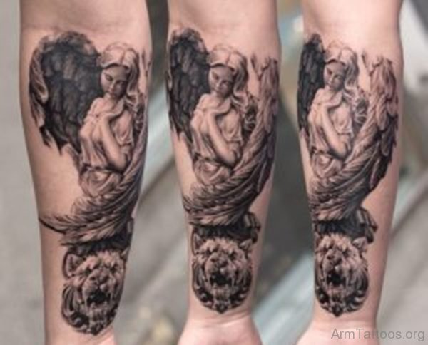 Wolf and Fallen Angel Tattoo On Arm