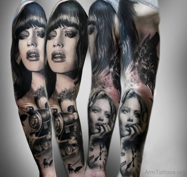 Woman Portrait Sleeve Tattoo 