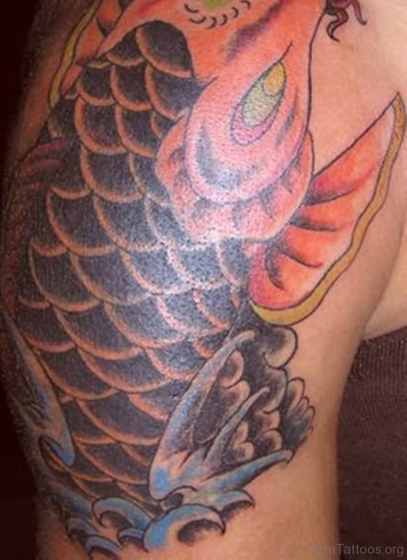 Wonderful Fish Designer Tattoo On Shoulder 