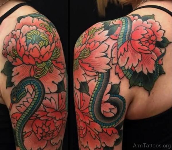 Wonderful Flowers And Snake Tattoo