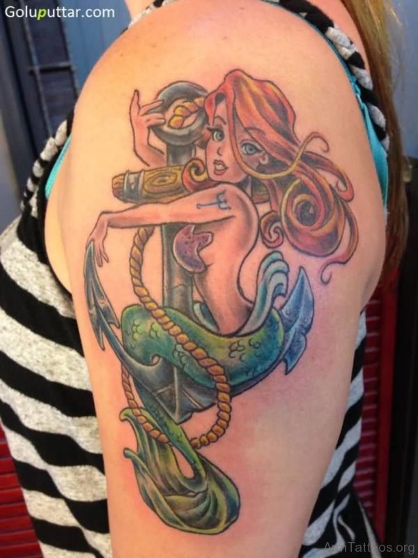 Wonderful Mermaid Anchor Tattoo On Shoulder
