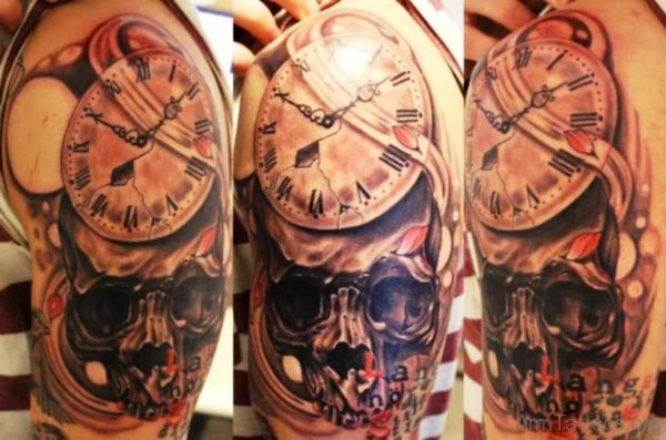 Wonderful Skull And Clock Tattoo 
