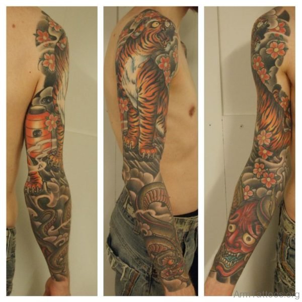 Wonderful Tiger Tattoo Design On Full Sleeve