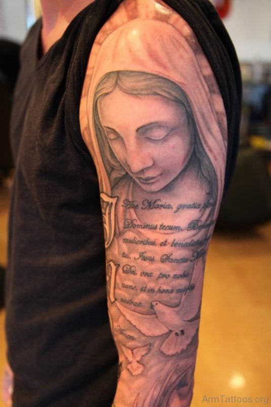 Wording And Angel Tattoo On Arm