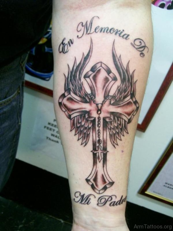 Wording And Cross Tattoo