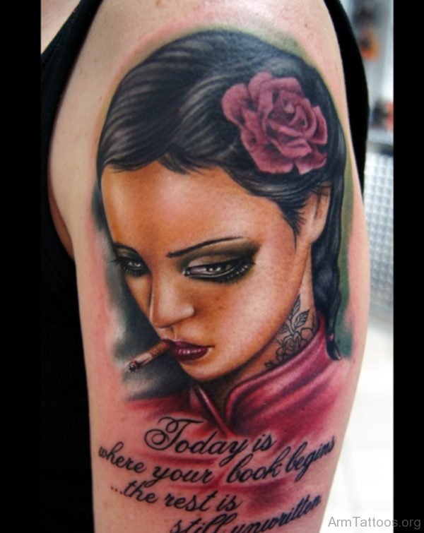 Wording And Girl portrait tattoo On Arm 