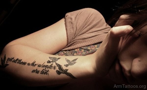 Wording Birds Arm Tattoo For Girls