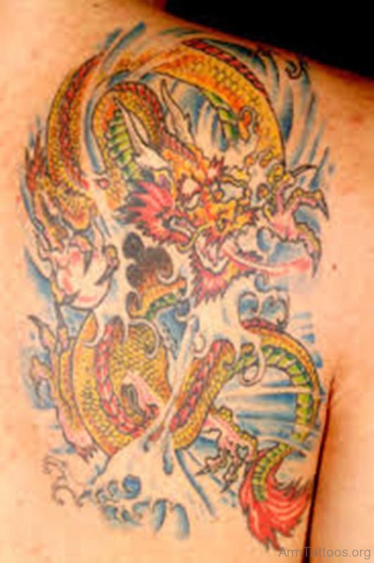 Yellow Dragon Tattoo On Back Shoulder
